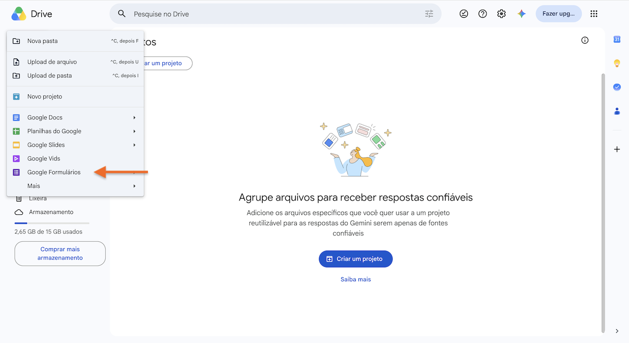 Nova janela no Google Drive clicando em Formulários Google