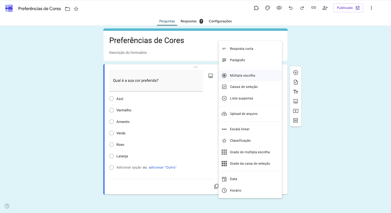 Formulário no Formulários Google, visualização da lista de tipos de perguntas