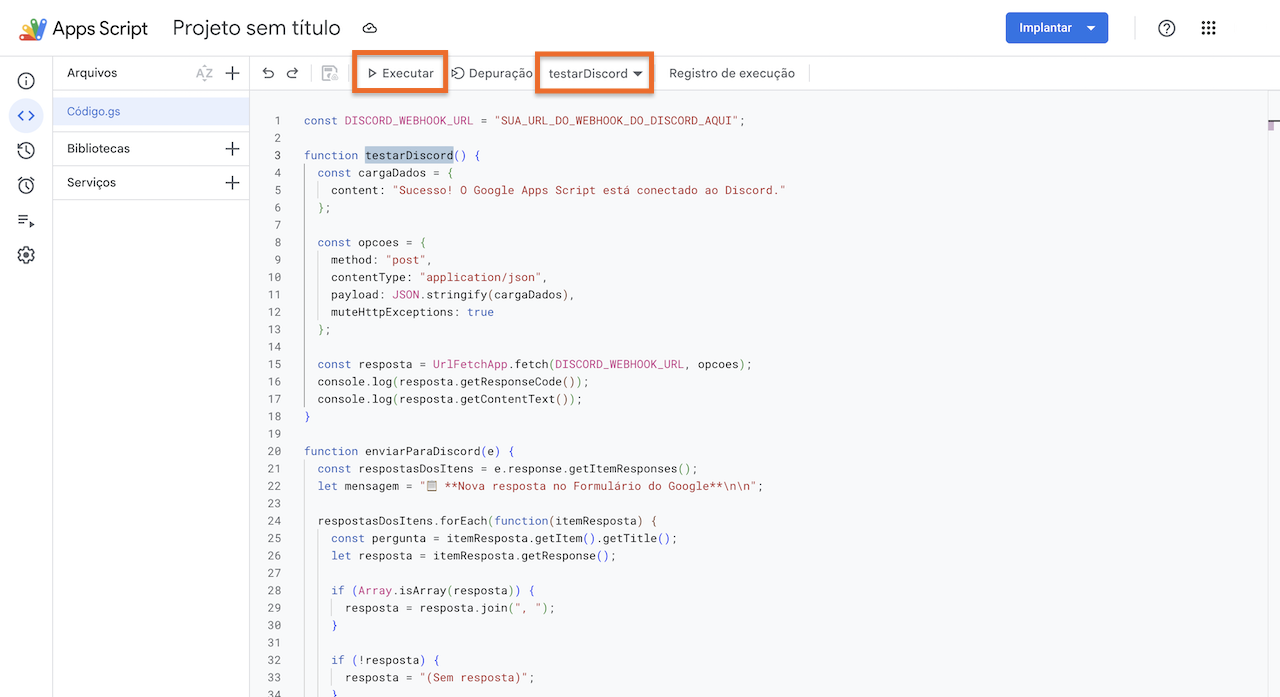 Interface do Apps Script com os botões "Executar" e "testDiscord" destacados