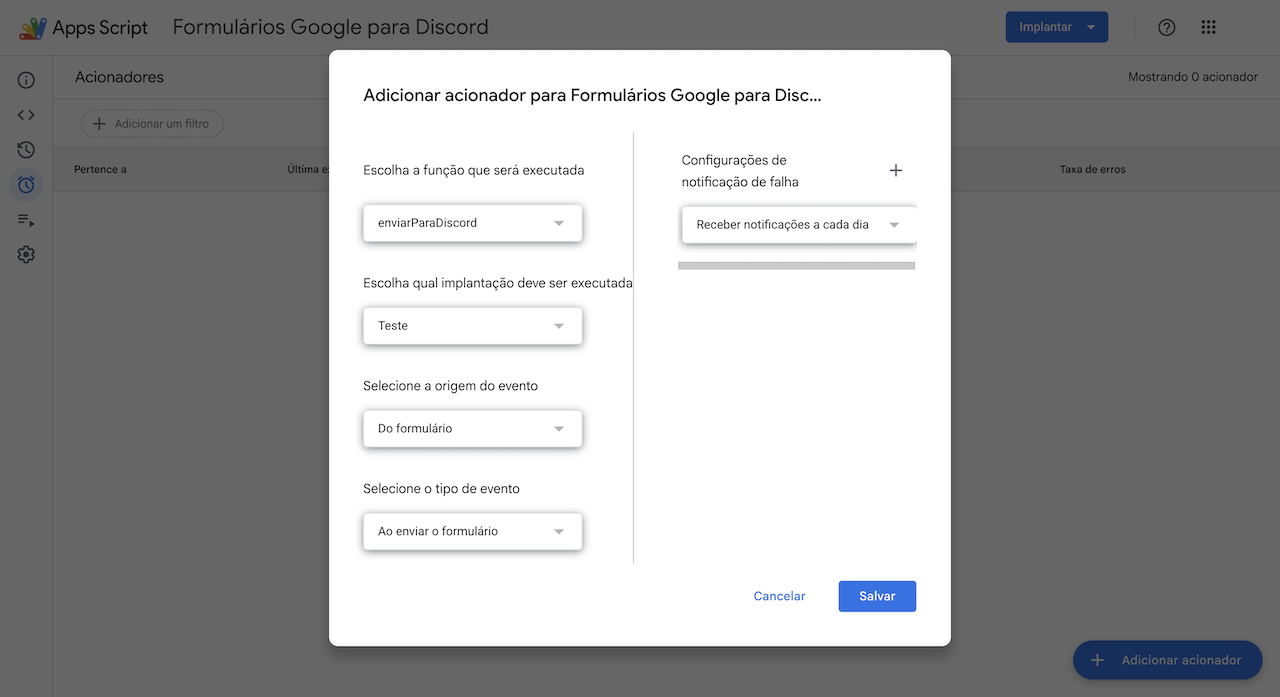 Interface do Apps Script exibindo o menu "Adicionar gatilho para Formulários Google para Discord"