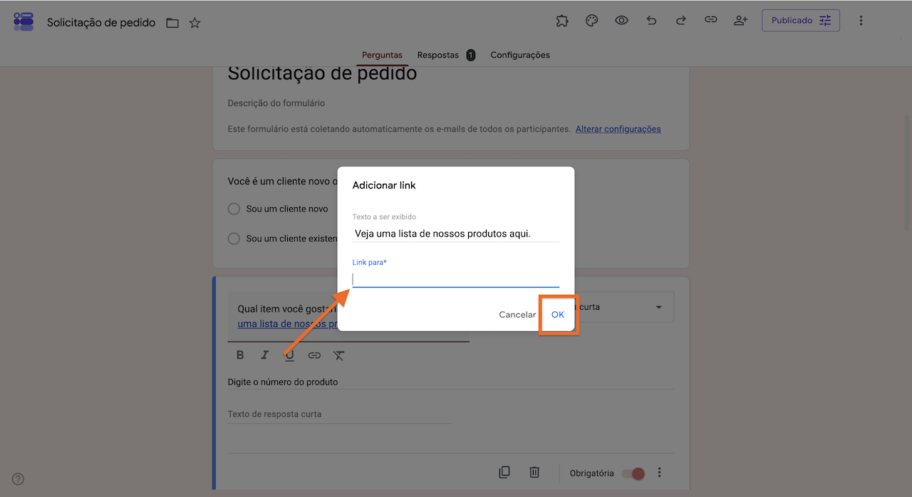 Imagem do menu de configurações Adicionar link