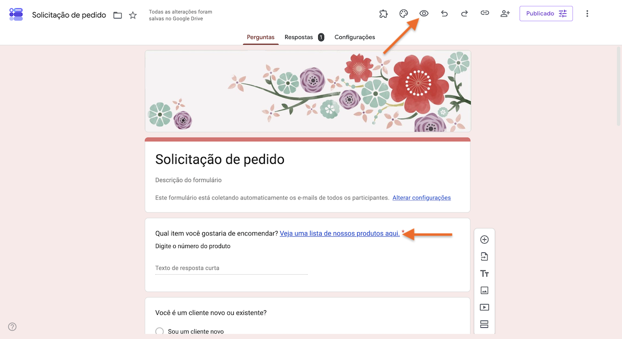 Uma seta está apontando para o botão Visualizar no menu superior direito do construtor do Formulários Google