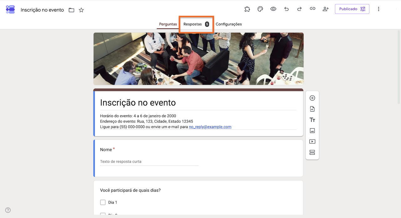 Interface do Formulários Google com a aba "Respostas" destacada, mostrando cinco respostas recebidas