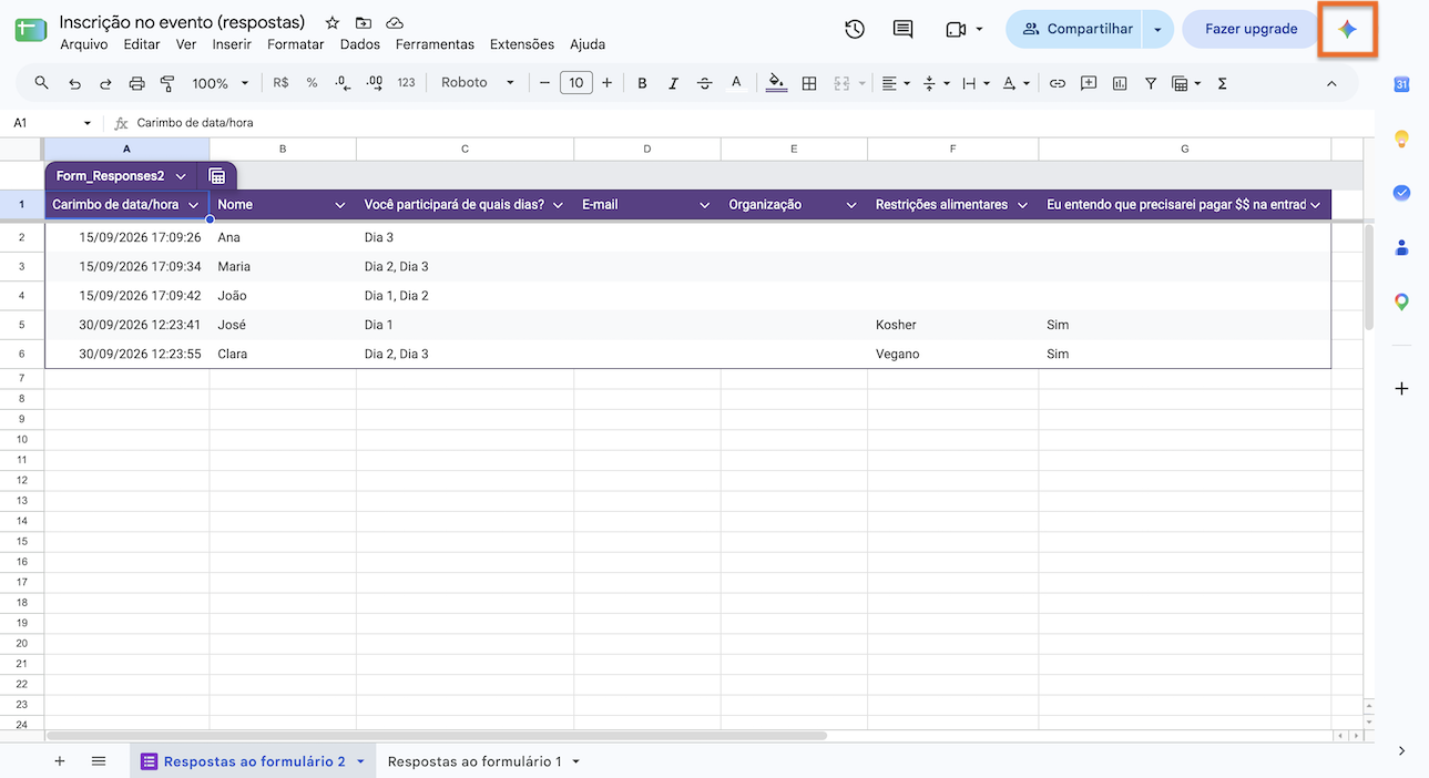 Planilha do Google com as respostas do formulário organizadas, mostrando os dados enviados pelos participantes