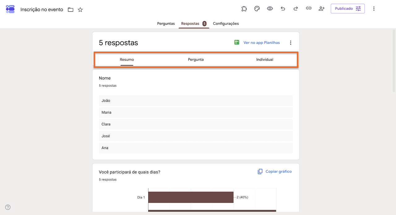 Aba "Respostas" do Formulários Google com as opções "Resumo", "Pergunta" e "Individual" destacadas