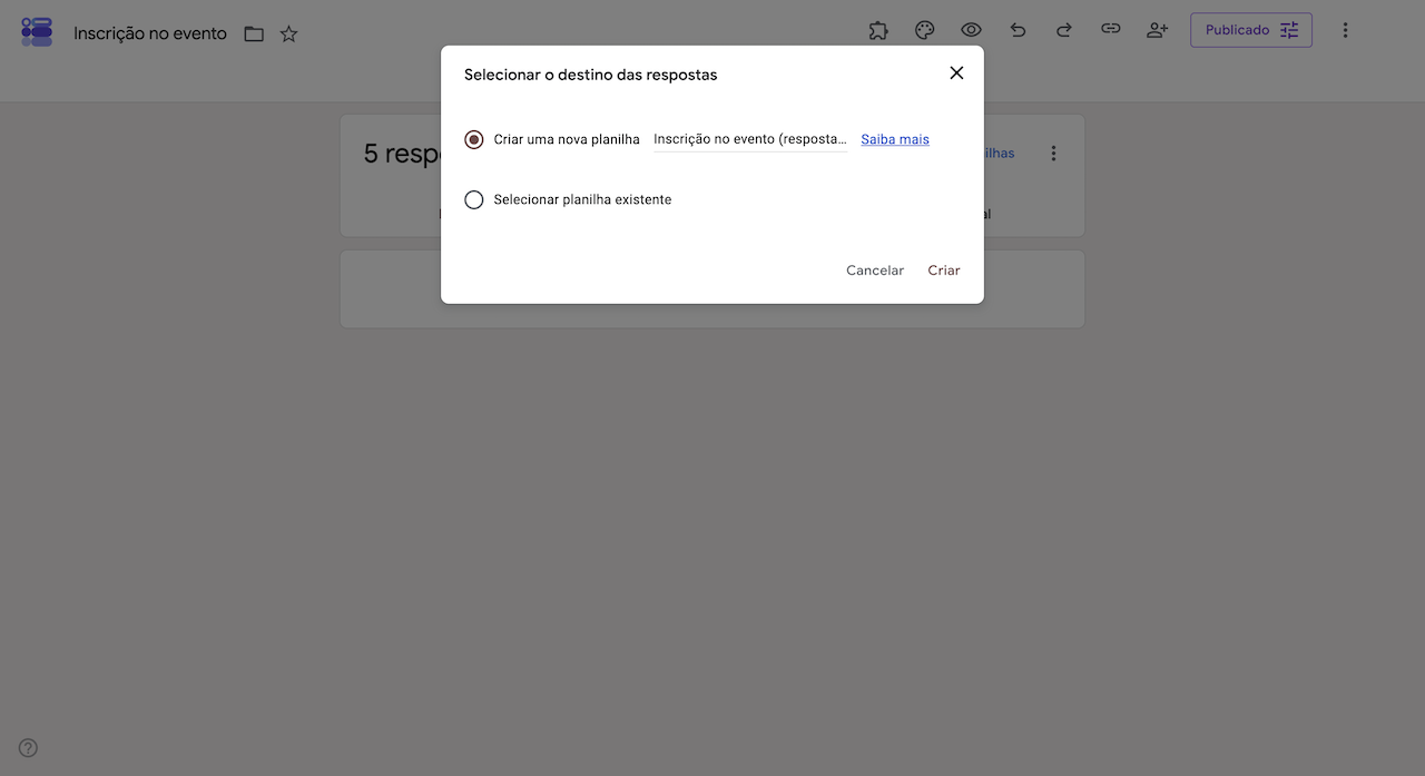 Janela "Selecionar o destino das respostas" do Formulários Google, mostrando as opções para criar uma nova planilha ou selecionar uma planilha existente