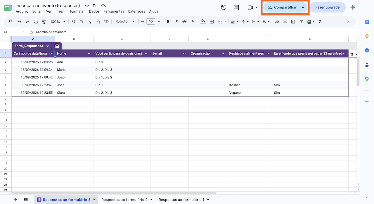Planilhas Google com as respostas do formulário organizadas em uma planilha e o botão "Compartilhar" destacado no canto superior direito