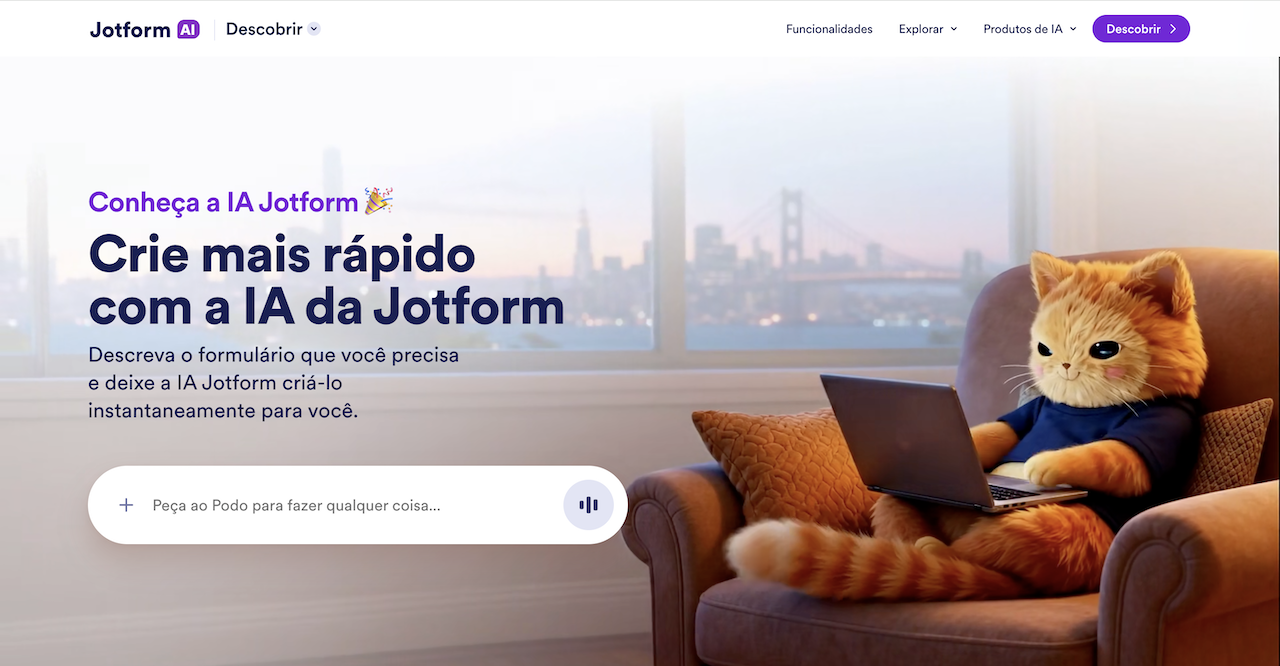 Página inicial da IA Jotform, destacando a opção para descrever um formulário e deixar a IA criá-lo automaticamente