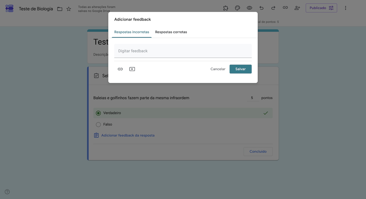 Captura de tela mostrando a opção "Adicionar feedback" no canto inferior esquerdo da seleção do gabarito
