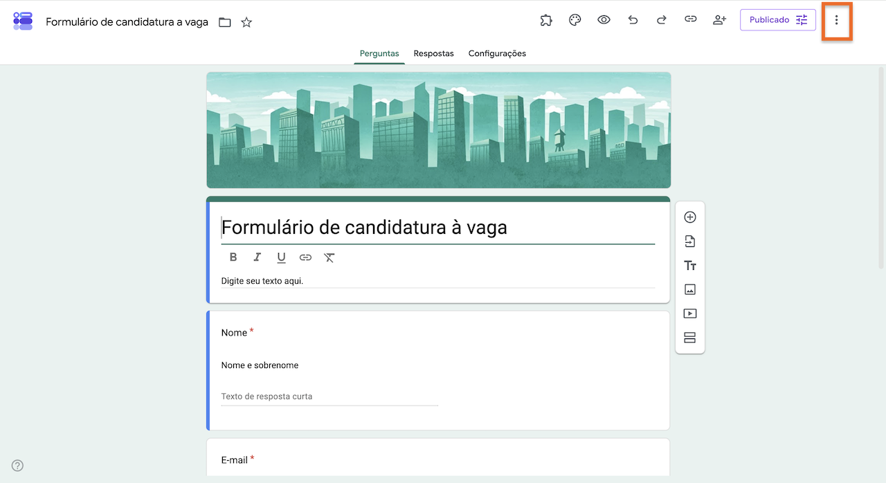 Formulário de candidatura à vaga com o menu de opções destacado no canto superior direito