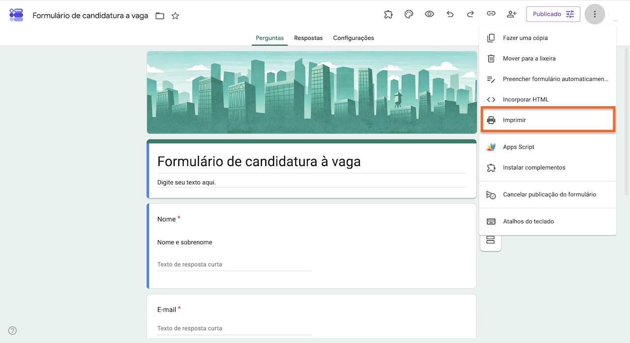 Formulário de candidatura à vaga com o menu de opções aberto, destacando a opção "Imprimir"