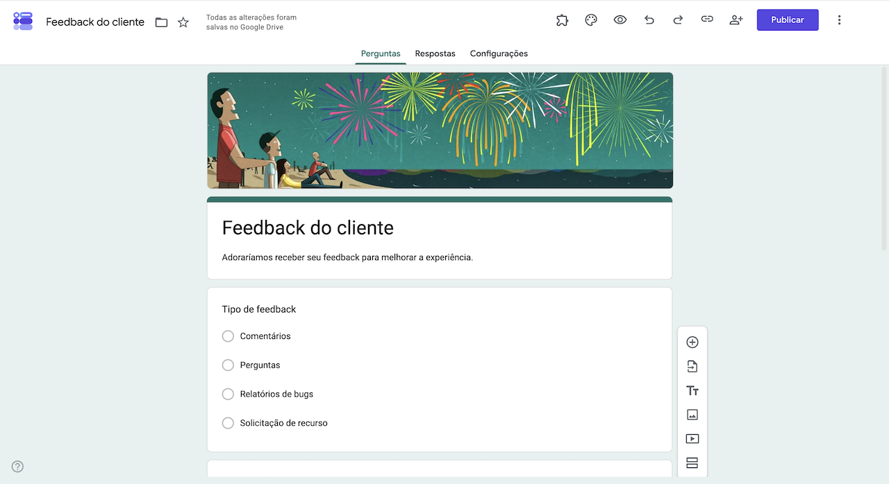 Feedback do cliente no Formulários Google, com opções para comentários, perguntas, relatórios de bugs e solicitações de recursos