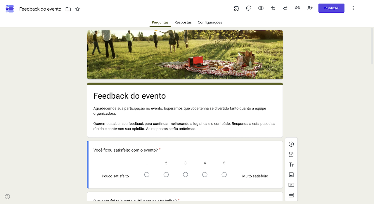 Feedback do evento no Formulários Google, com uma escala de satisfação de 1 a 5 e perguntas para avaliar a experiência dos participantes