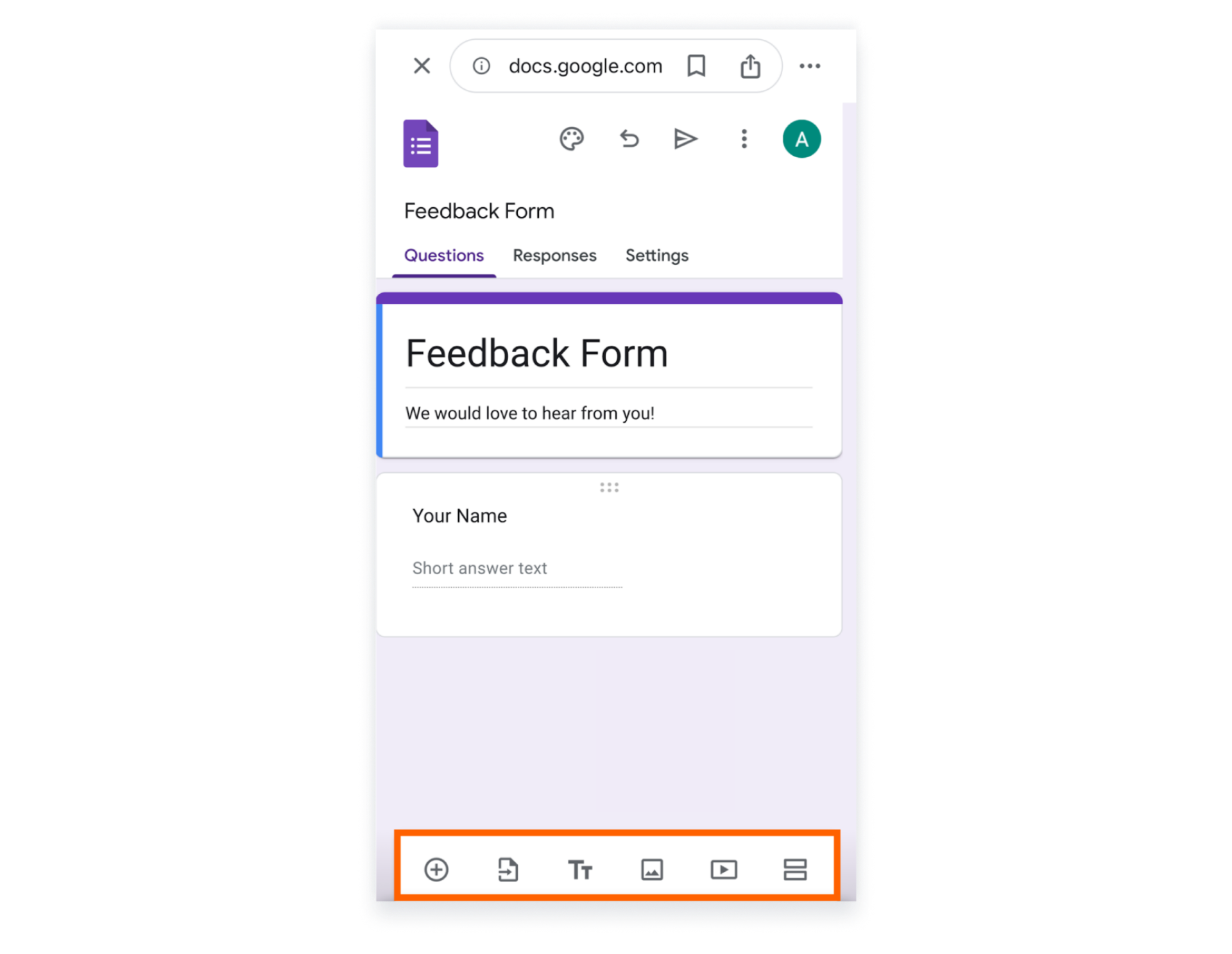 Capture d'écran d'un formulaire de commentaires Google Forms sur iPhone avec les paramètres d'une question mis en évidence en bas de la page