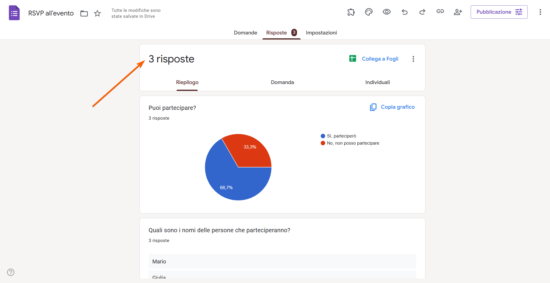 Screenshot della scheda Risposte in Moduli Google