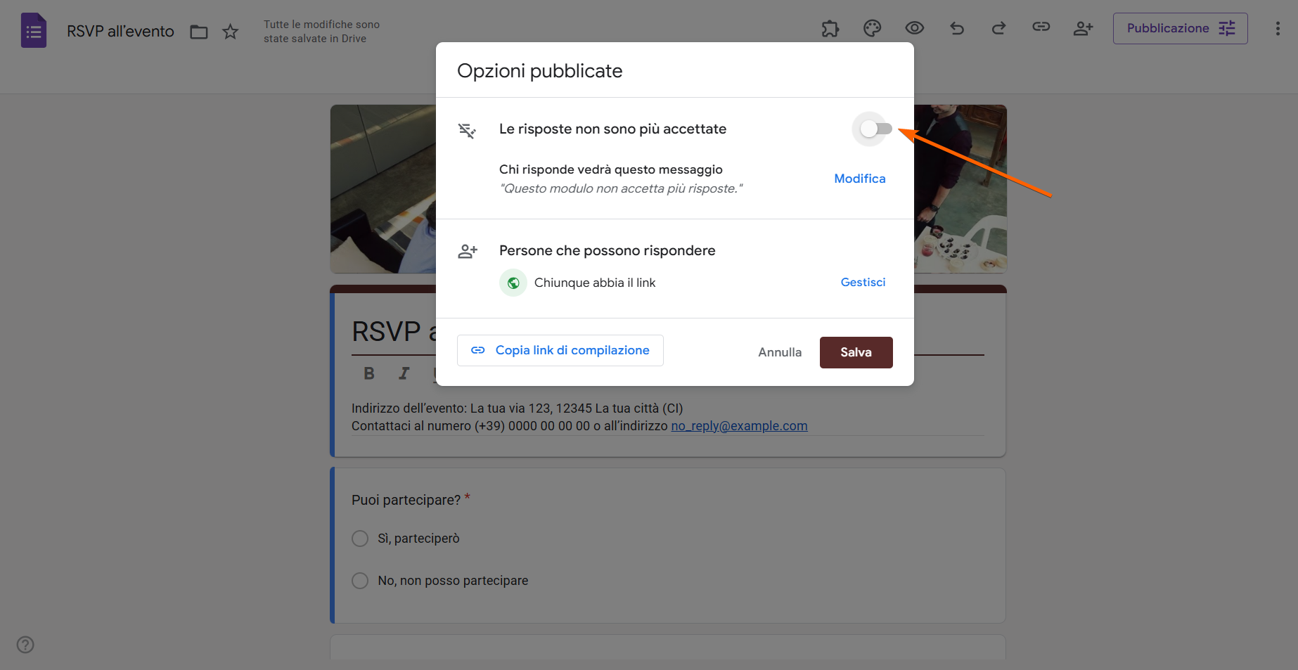 Screenshot che mostra la disattivazione del modulo Google in modo da non ricevere ulteriori risposte