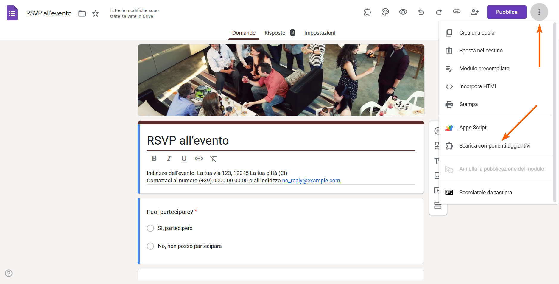 Screenshot che mostra l'opzione Scarica Componenti Aggiuntivi su Moduli Google