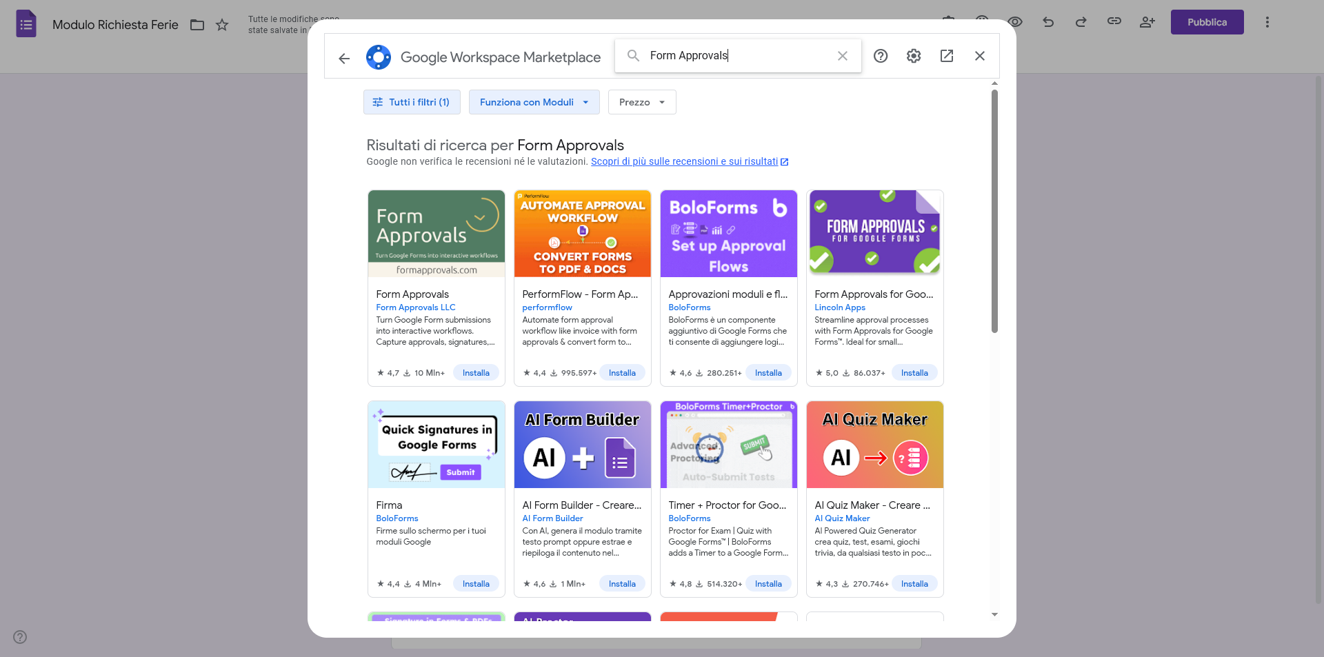 Uno screenshot del menu Google Workspace Marketplace che cerca il componente aggiuntivo "Form Approvals"