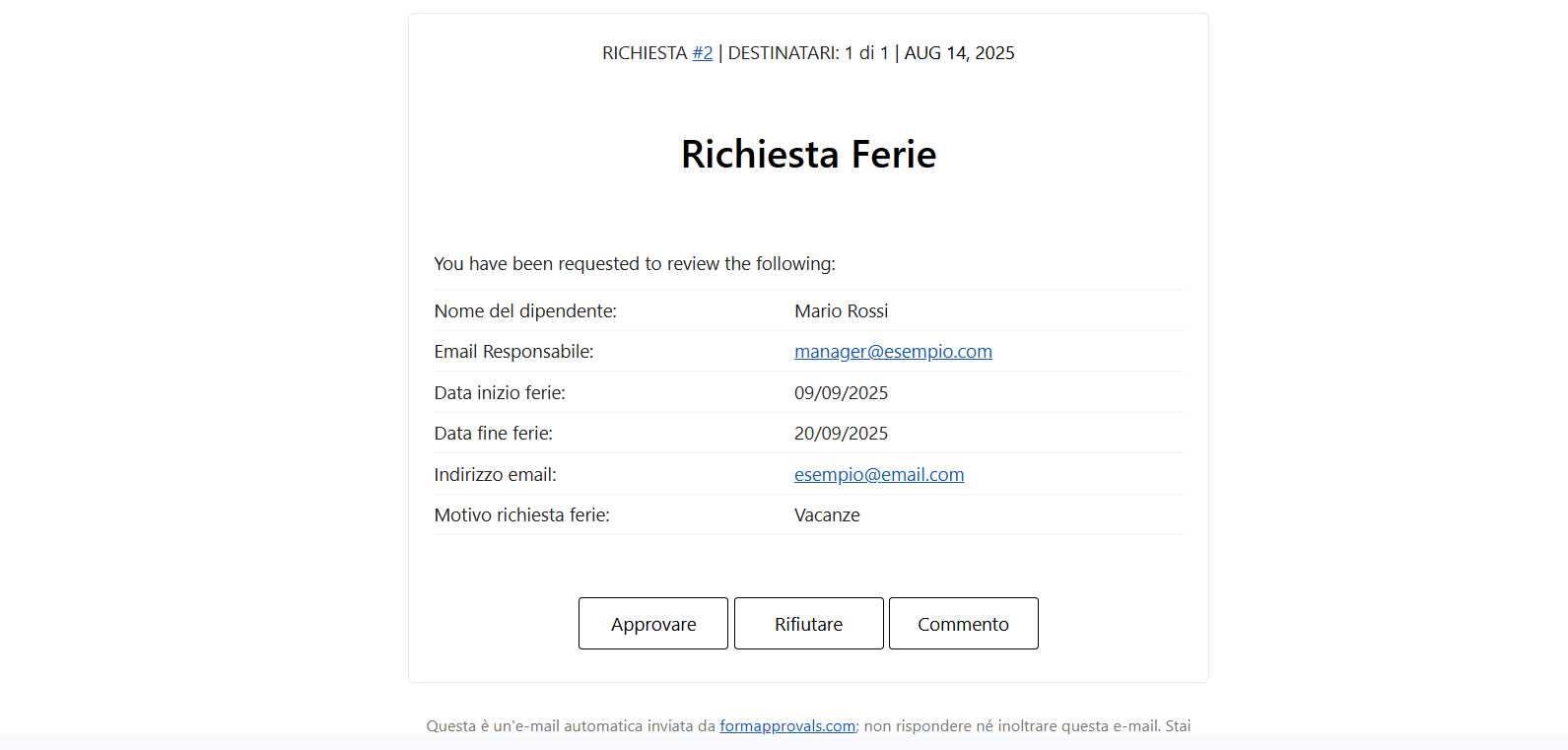 Uno screenshot dell'email di notifica che i manager riceveranno quando un dipendente compila il modulo di richiesta per le ferie in Google Forms