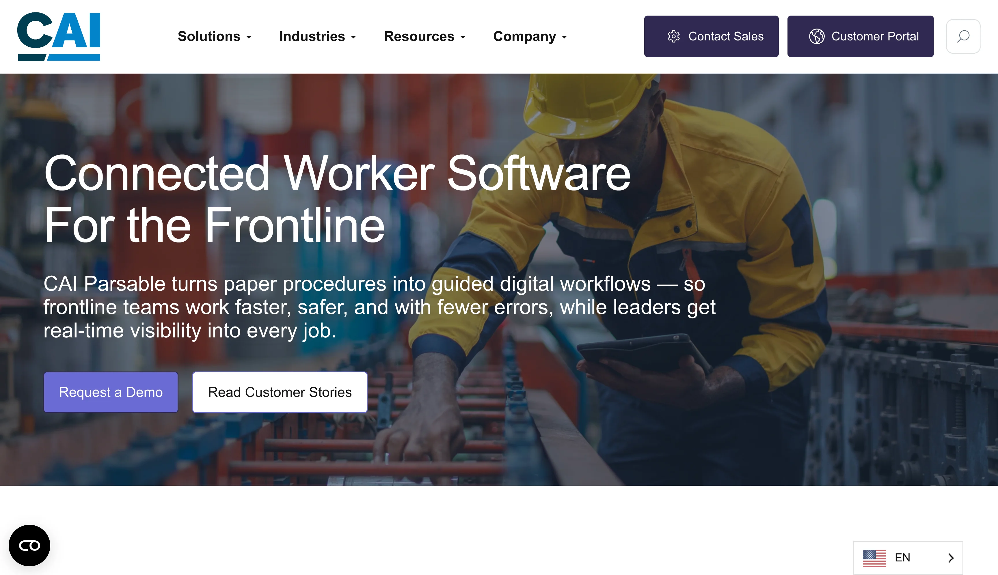 CAI Parsable homepage featuring connected worker software for digitizing frontline manufacturing workflows