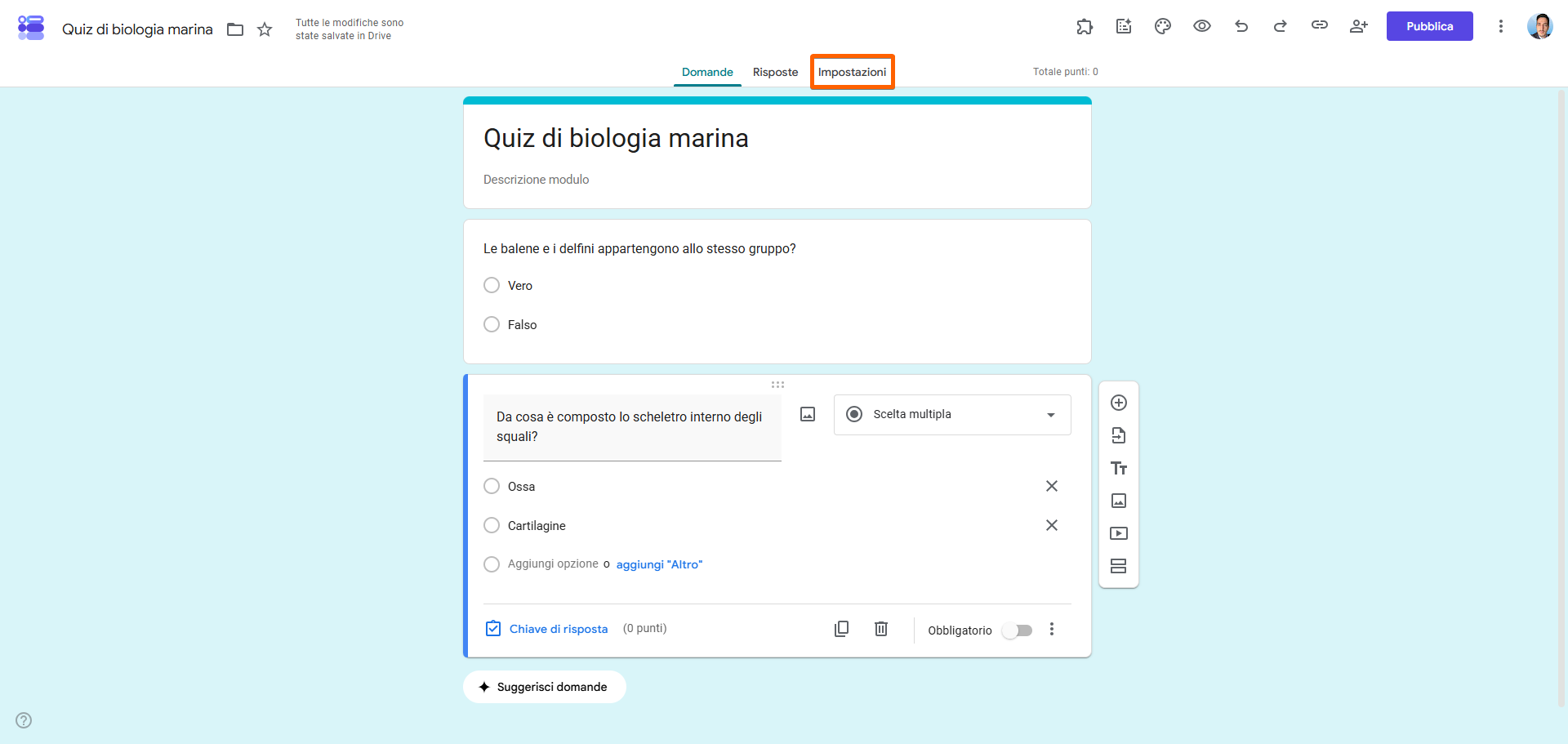 Screenshot di un quiz di biologia marina nel creatore di Moduli Google