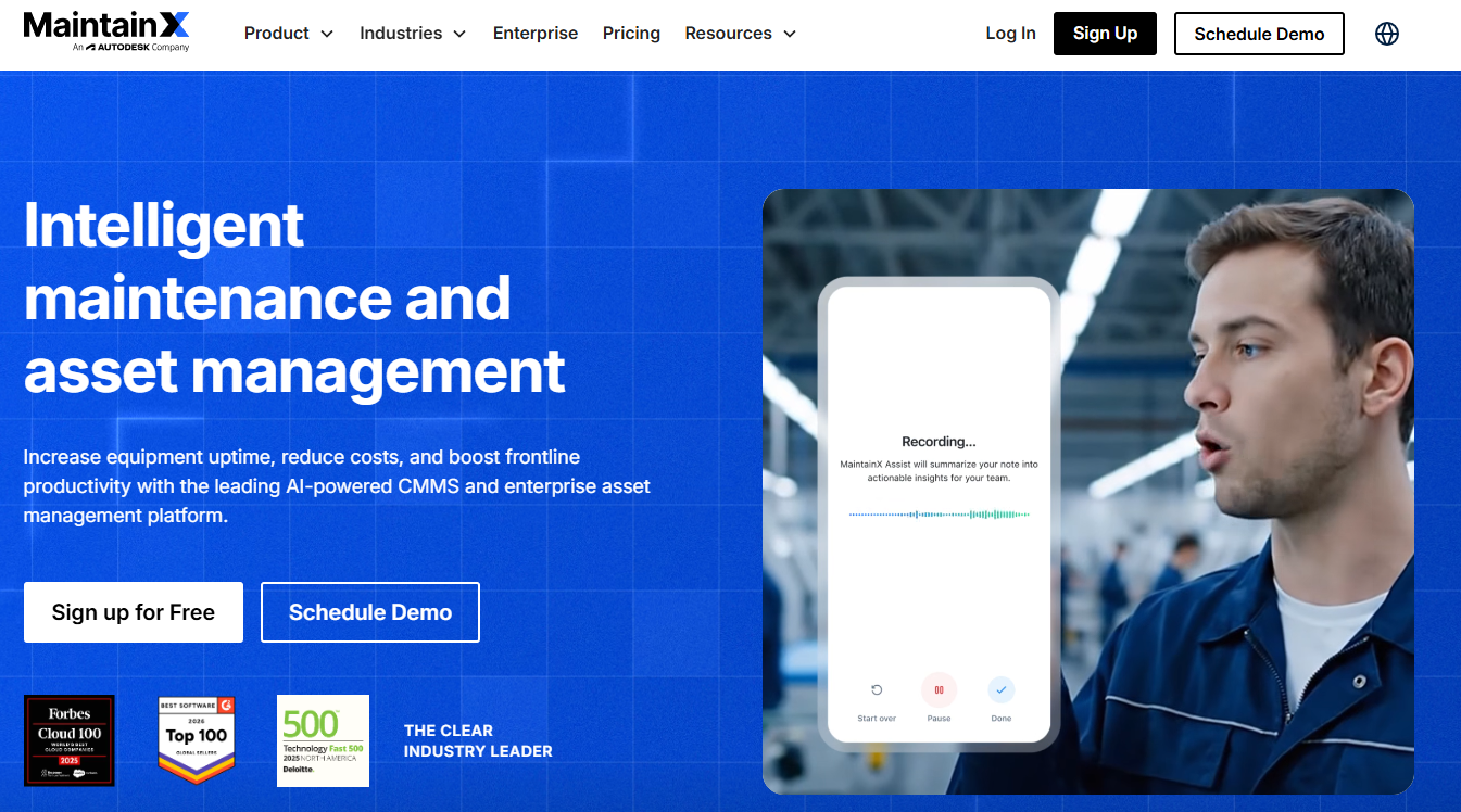 MaintainX homepage highlighting AI-powered maintenance and asset management with mobile inspection tools