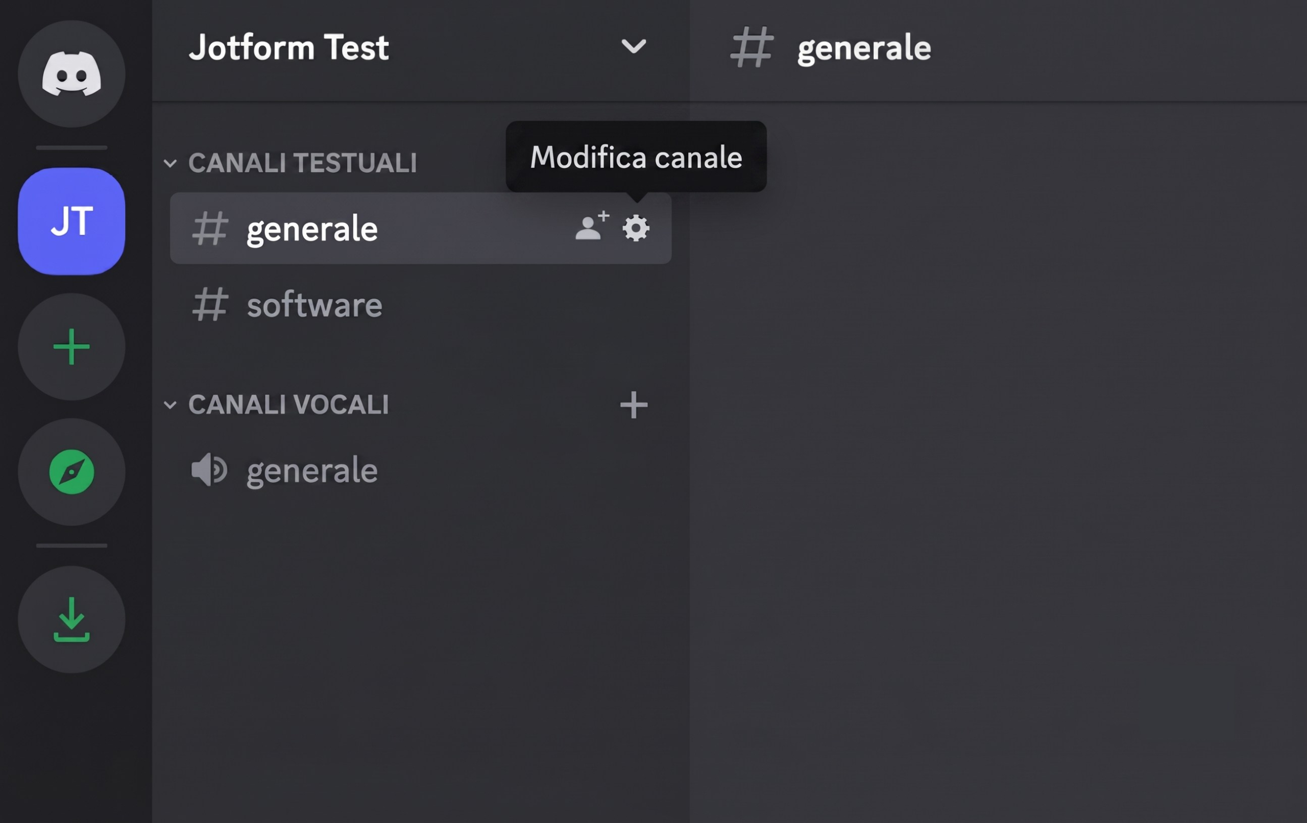 Screenshot della dashboard principale di Discord, con l'opzione Modifica Canale evidenziata