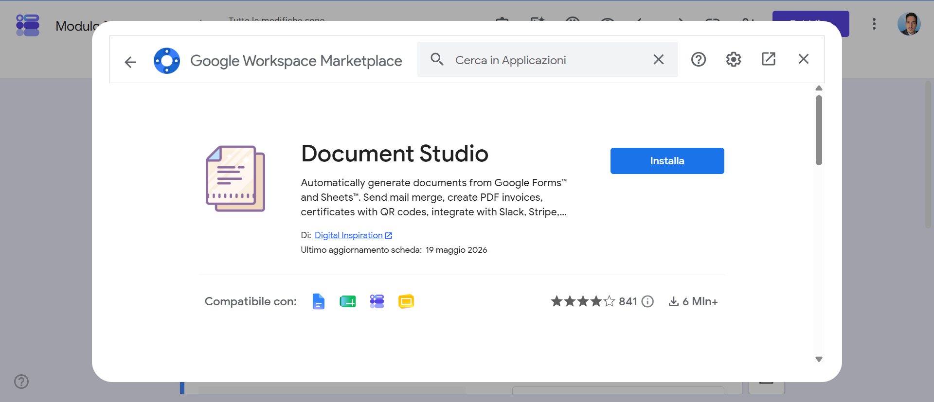 Screenshot della pagina di installazione di Document Studio