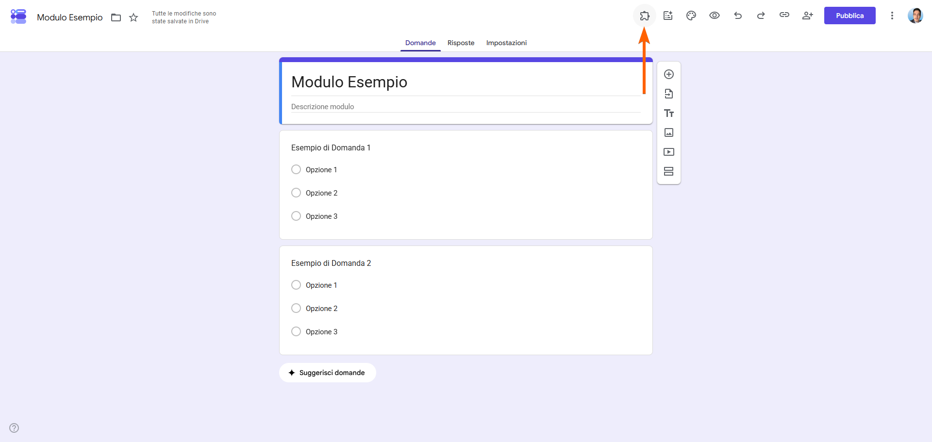 Cliccare sull'icona a forma di pezzo di puzzle su Google Forms