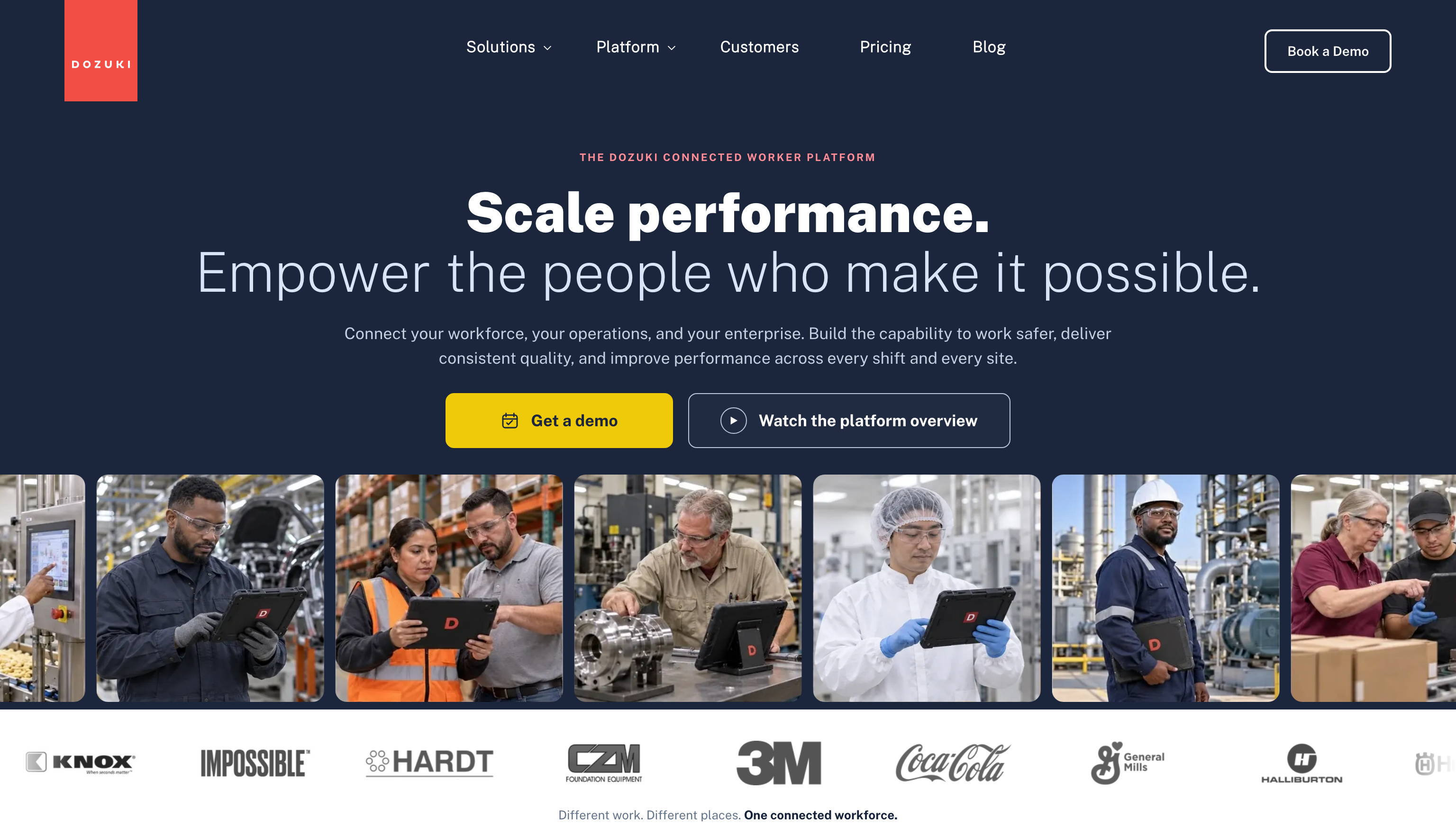 Dozuki homepage showcasing its connected worker platform with industrial employees using tablets