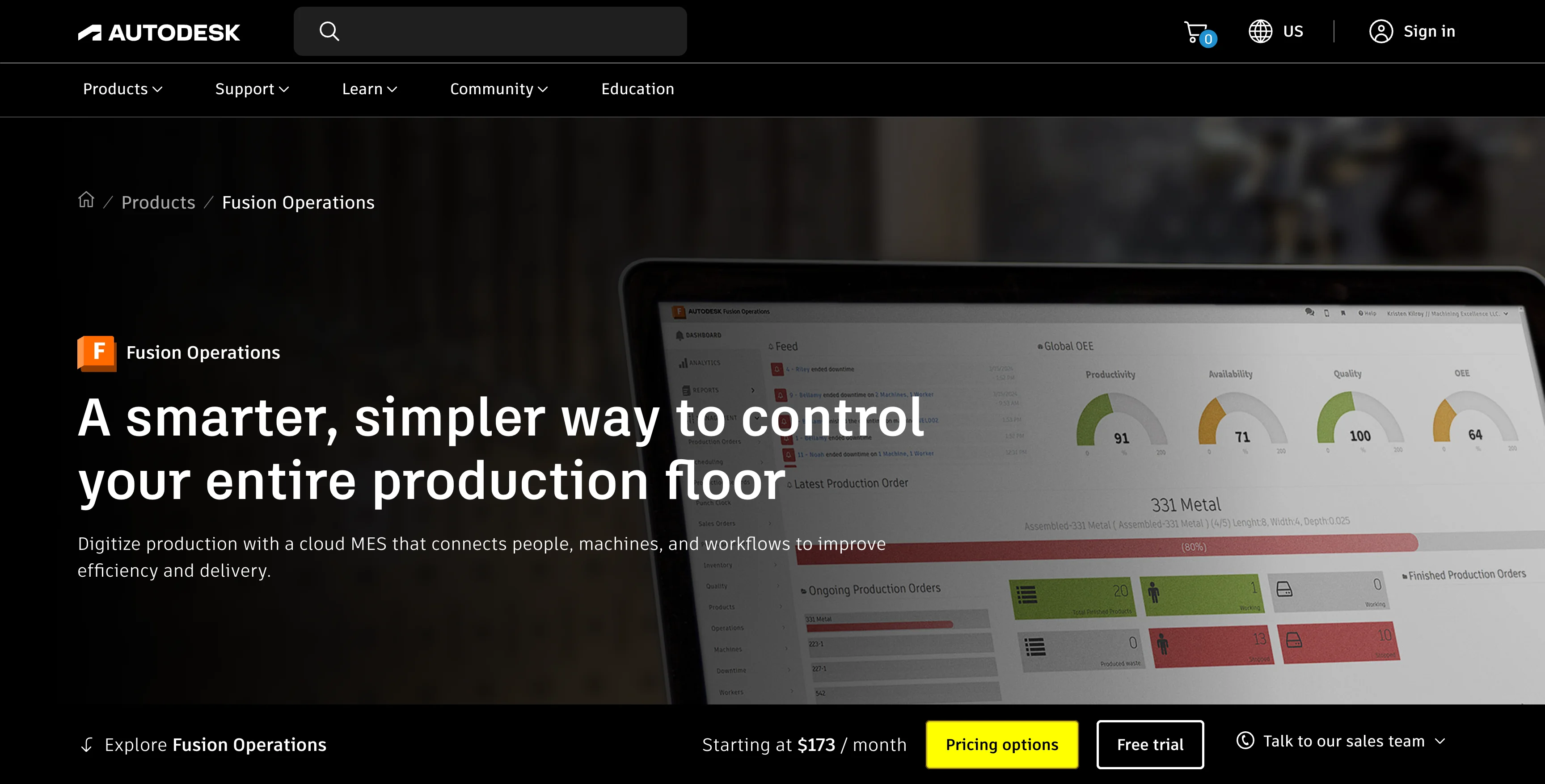 Autodesk Fusion Operations homepage displaying production floor management software and manufacturing dashboards