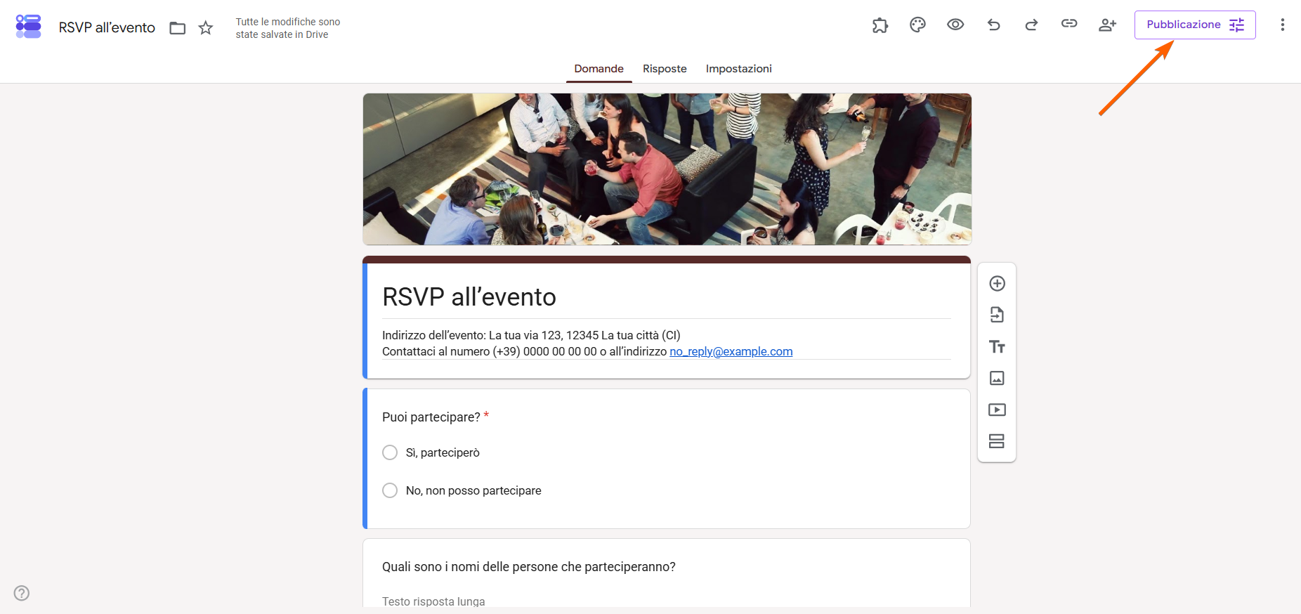 Screenshot che mostra in evidenza il pulsante Pubblicazione di un modulo Google