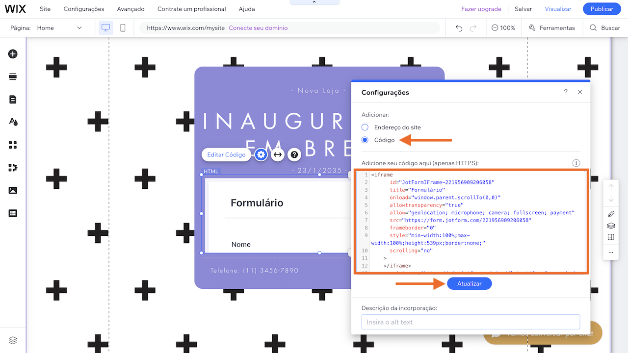 Captura de tela do Wix com o menu "Configurações" do bloco "Incorporar código" aberto