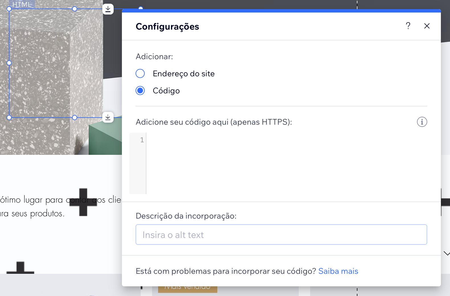 Captura de tela do menu "Configurações" de um bloco Incorporar código em um site Wix