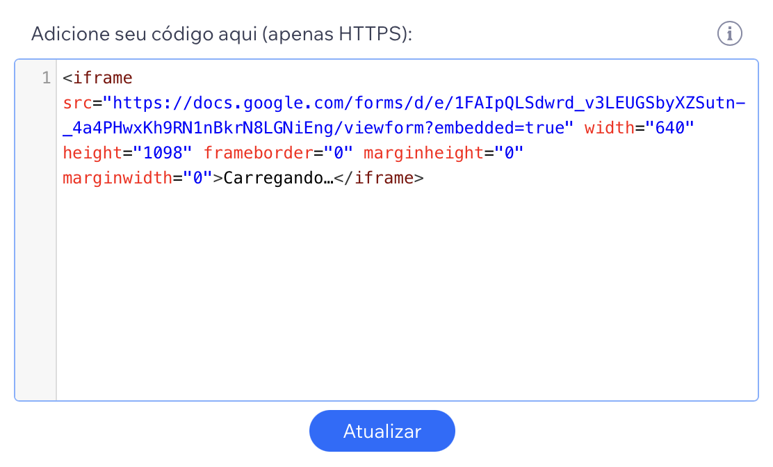 Captura de tela do código de incorporação em um bloco incorporar código em um site Wix