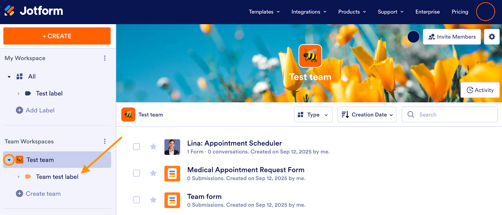 Clicking on the dropdown next to the "Test team" Workspace and then clicking on the "Team test label" option