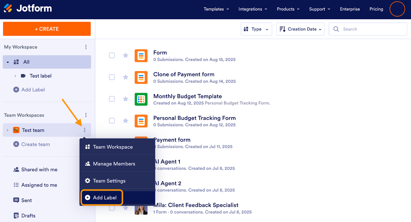 Clicking on the dropdown and thne the Add Label option on My Workspace page