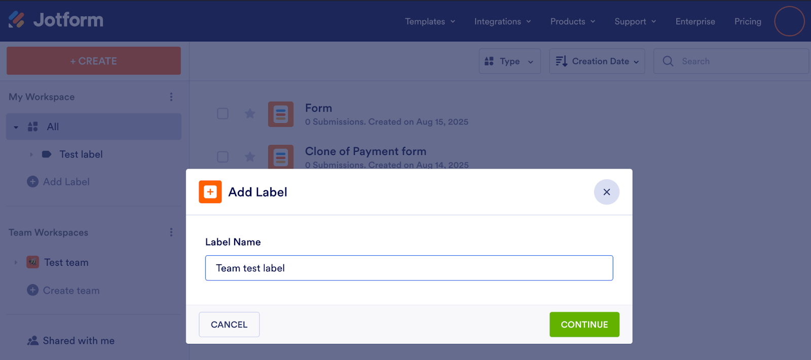Viewing the Add Label Window on My Workspace page
