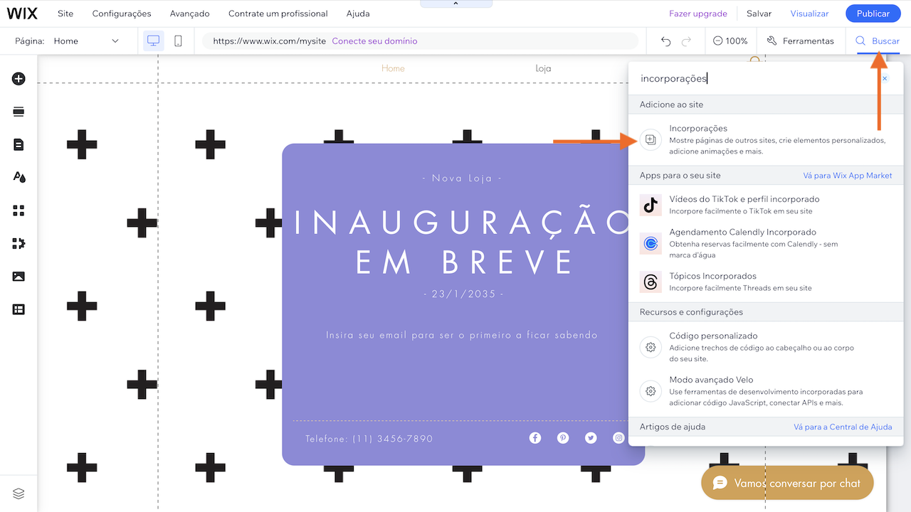 Captura de tela no Wix destacando como buscar e selecionar o elemento "Incorporações"