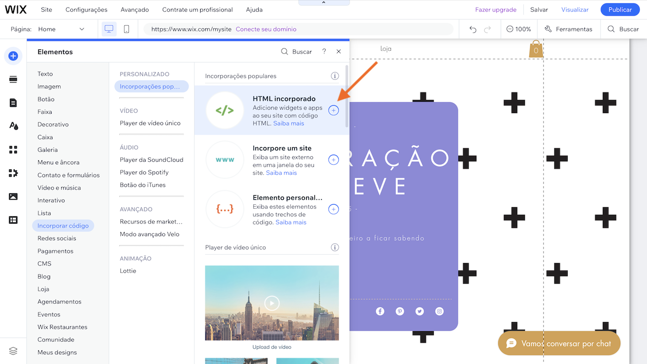 Captura de tela do menu "Elementos" no Wix com as opções "Incorporar código" exibidas e "HTML incorporado" destacado