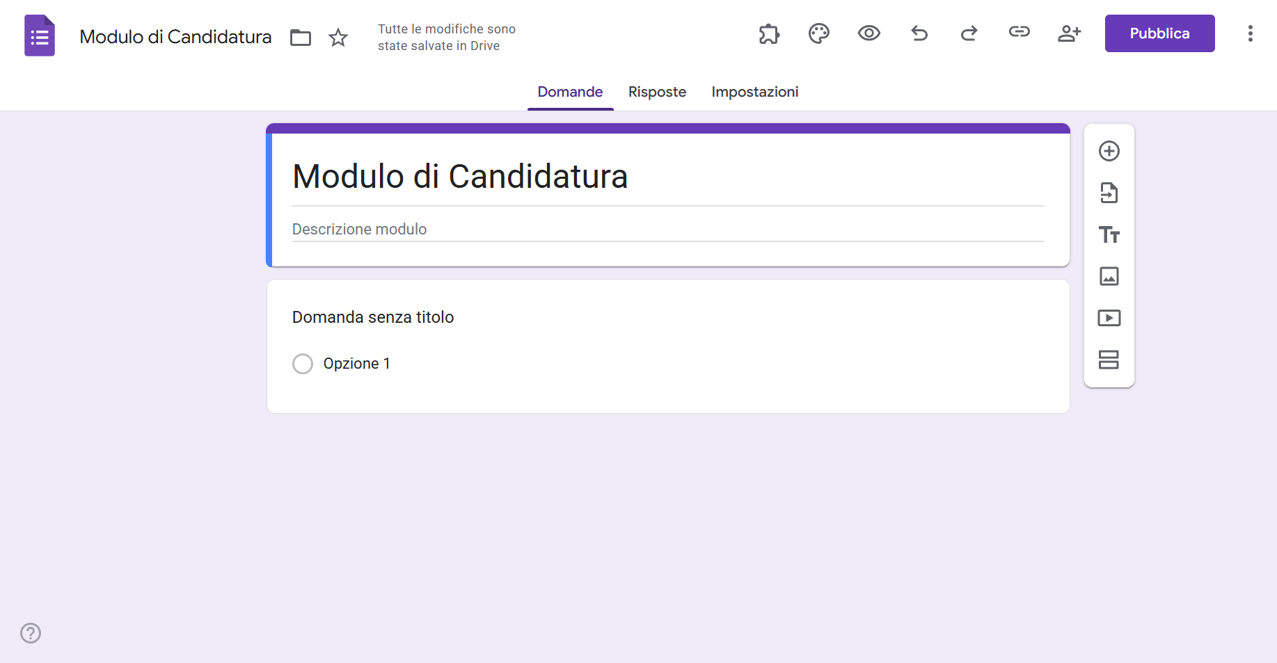 Un modulo Google vuoto pronto per essere impostato come candidatura di lavoro