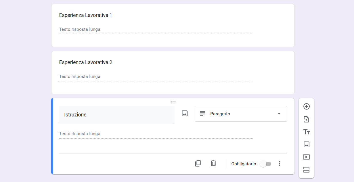 Una candidatura personalizzata con Moduli Google con domande su esperienze di lavoro precedenti e istruzione