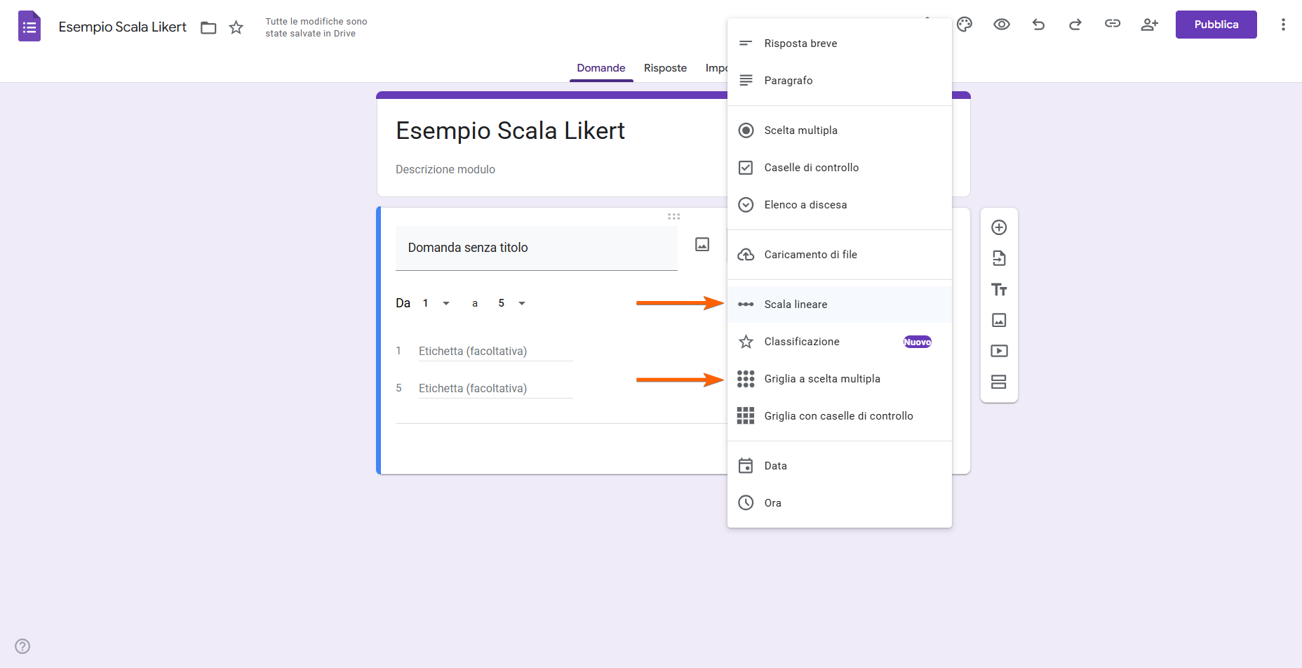 Selezione dell'opzione Scala lineare o Griglia a scelta multipla su Moduli Google