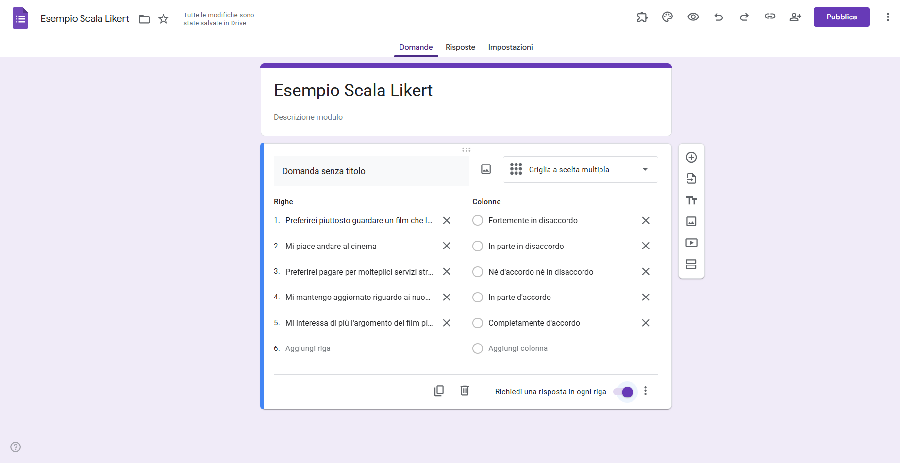 Un esempio di domanda a Griglia a scelta multipla su Moduli Google