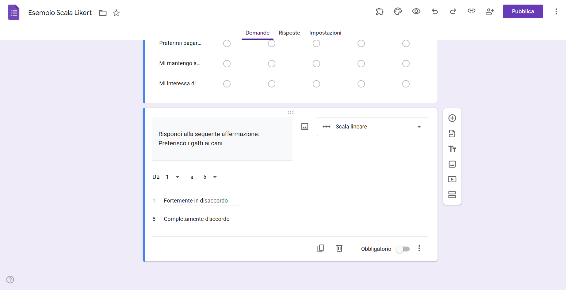 Domanda a scala lineare su Moduli Google