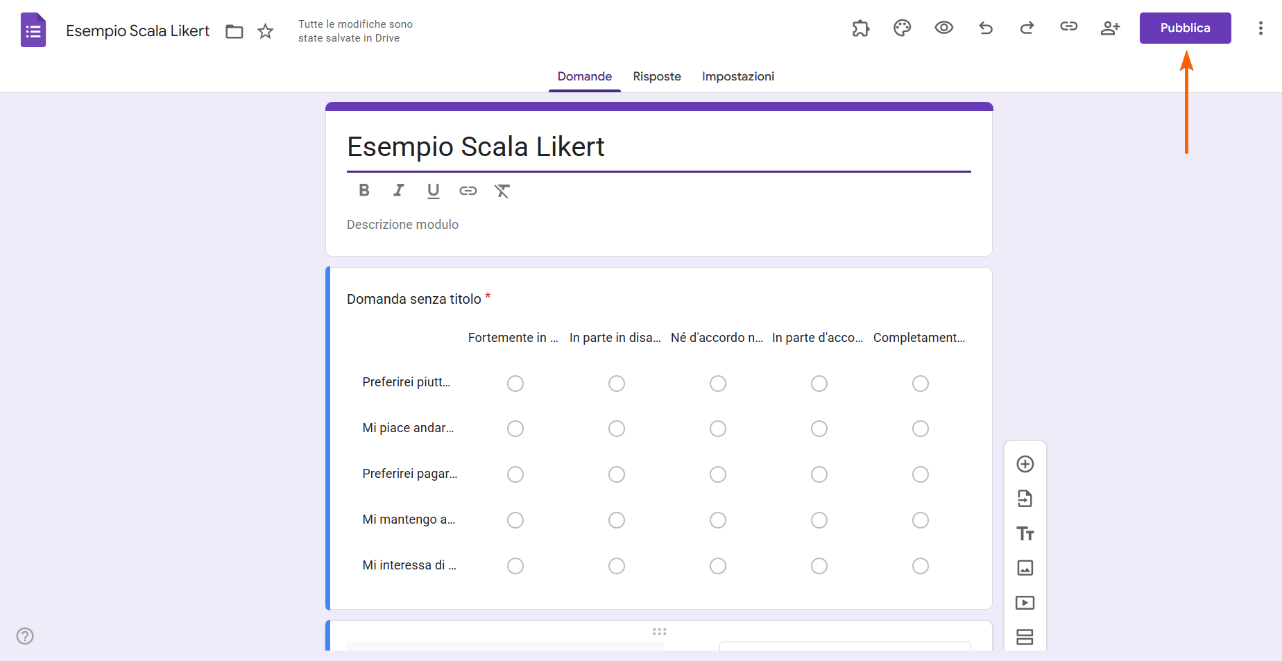 Freccia che punta al pulsante Pubblica su Moduli Google