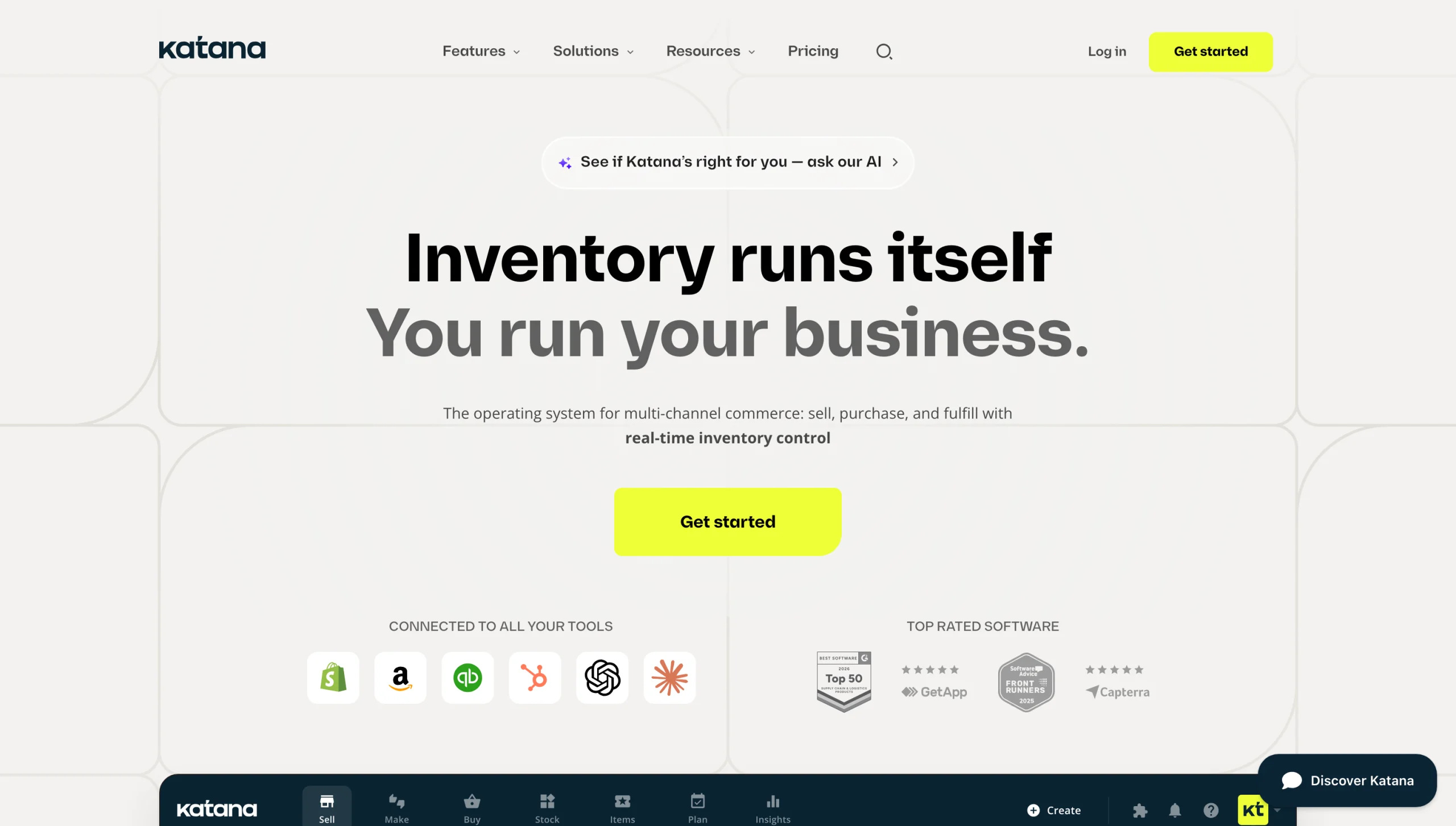 Katana homepage promoting automated inventory management for multichannel commerce and manufacturing businesses