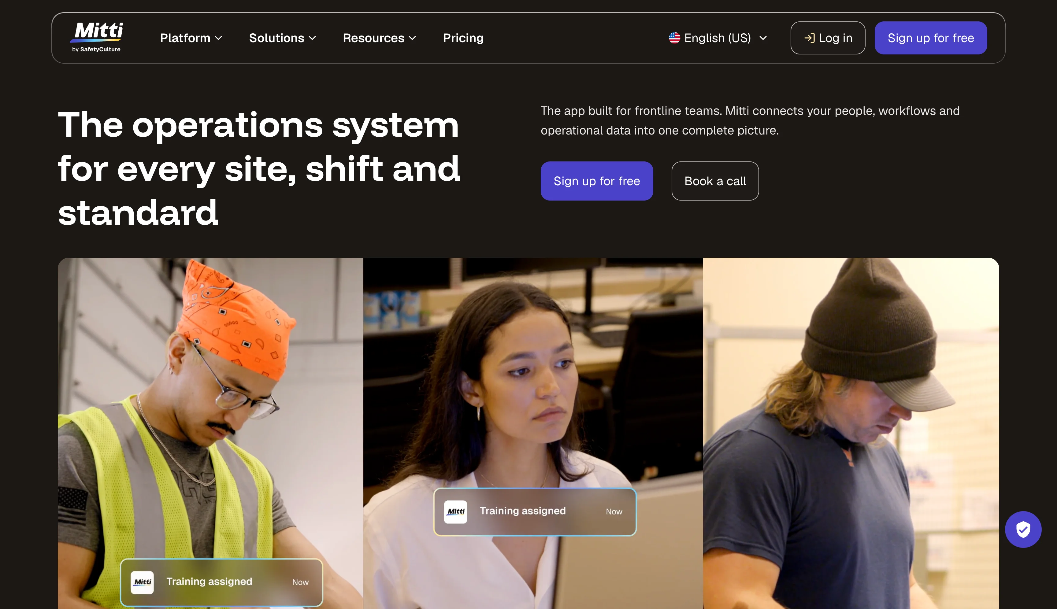 Mitti by SafetyCulture homepage featuring frontline workers and tools for managing operational standards