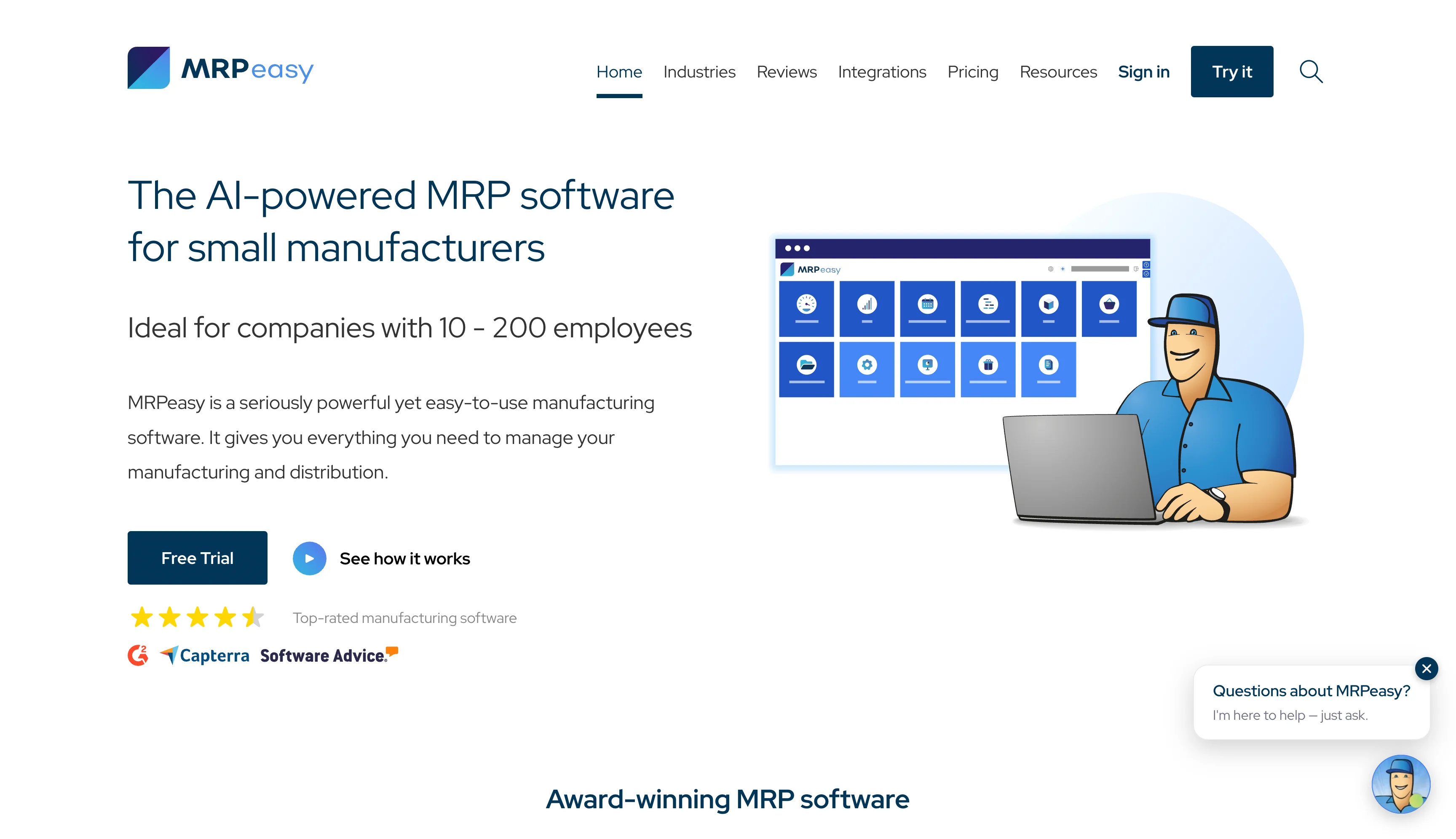 MRPeasy homepage presenting manufacturing resource planning software designed for small manufacturers