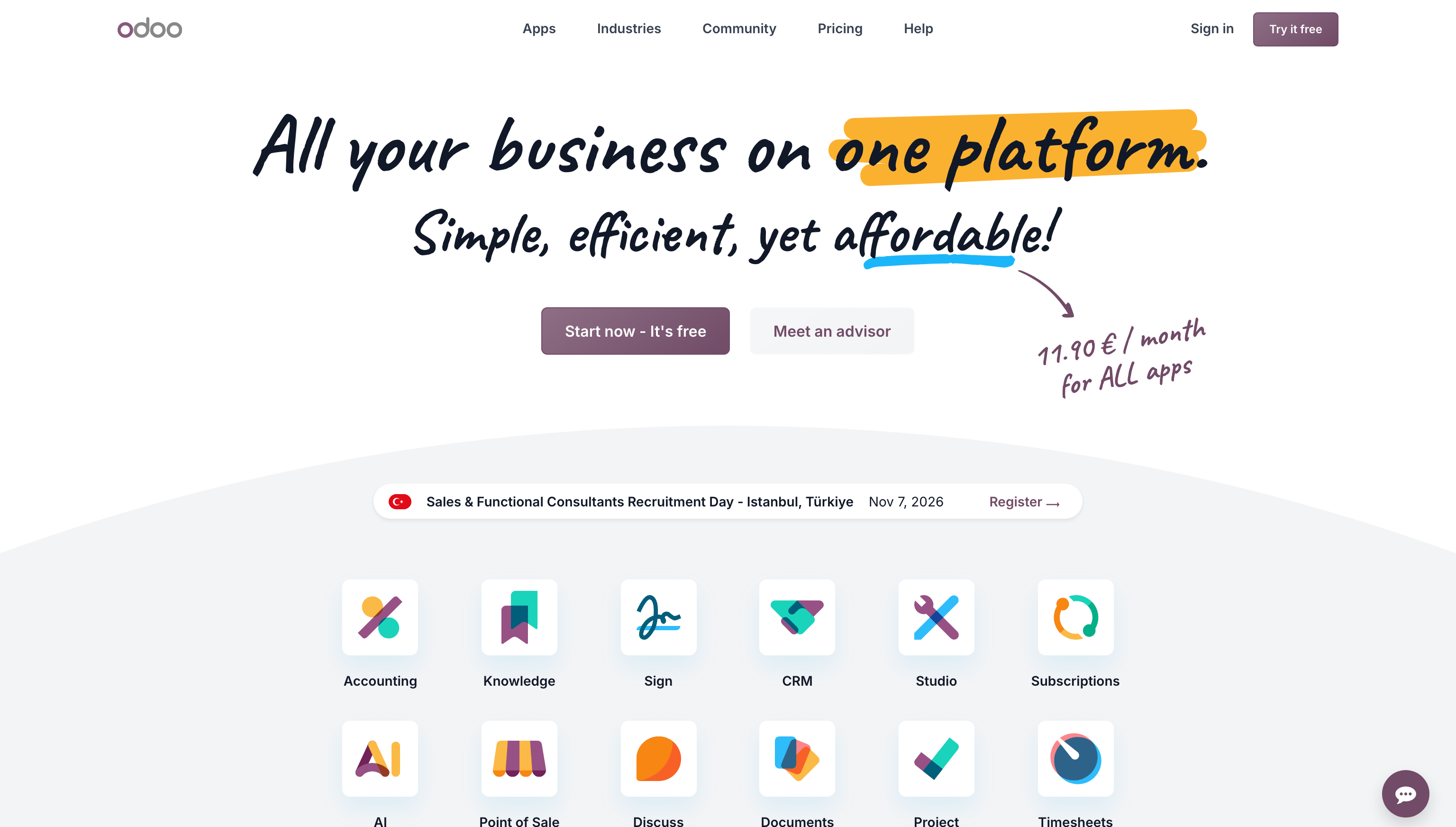 Odoo homepage showcasing its integrated business management platform and various application modules